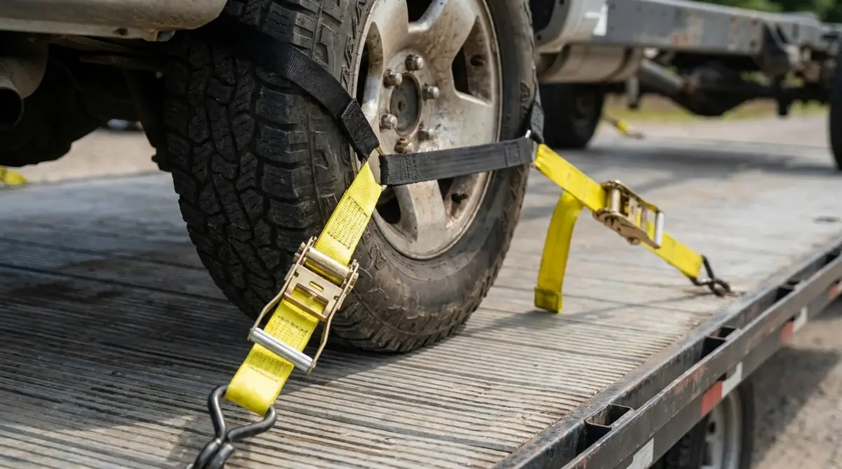 Vehicle wheel secured with ratchet straps on a car-hauler deck