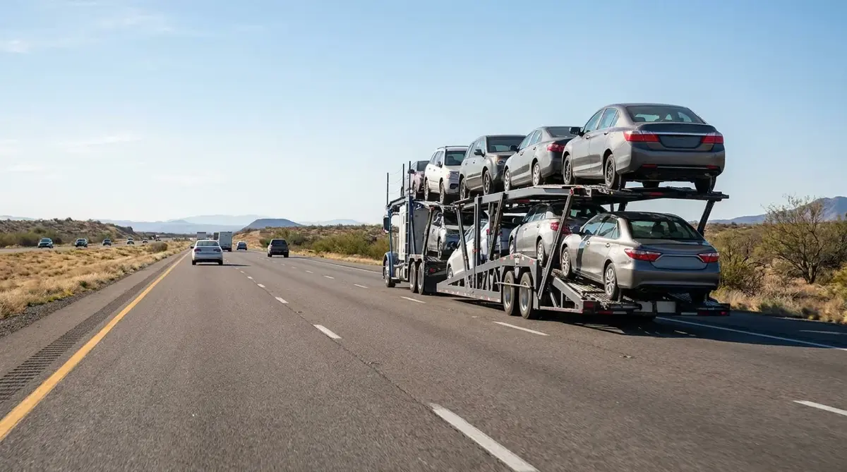 Open car carrier driving on an interstate highway