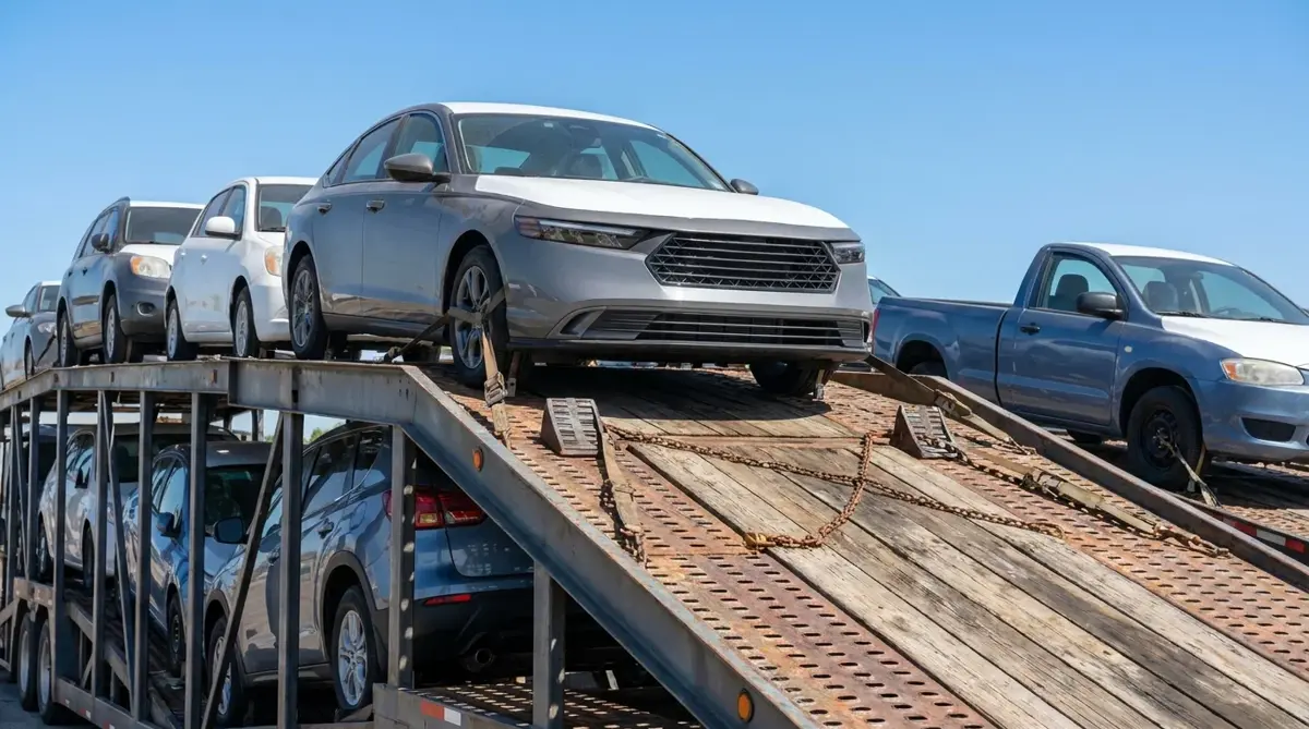 Vehicles loaded on the upper deck of an open car carrier