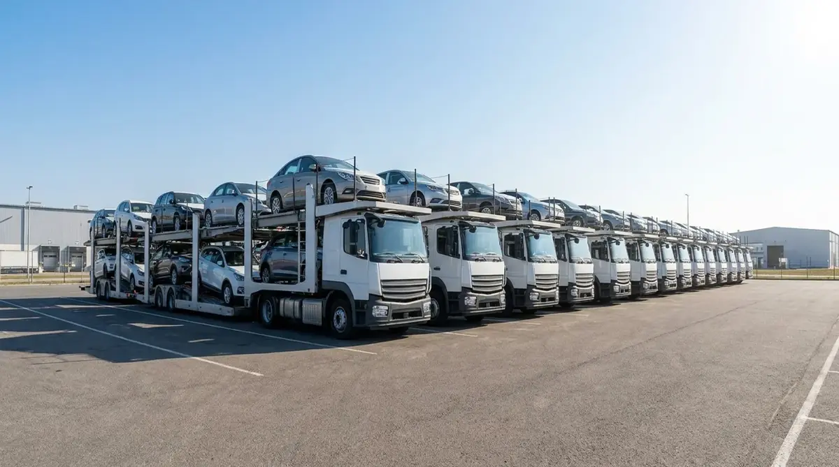 Row of car-hauler trucks parked at a transport depot