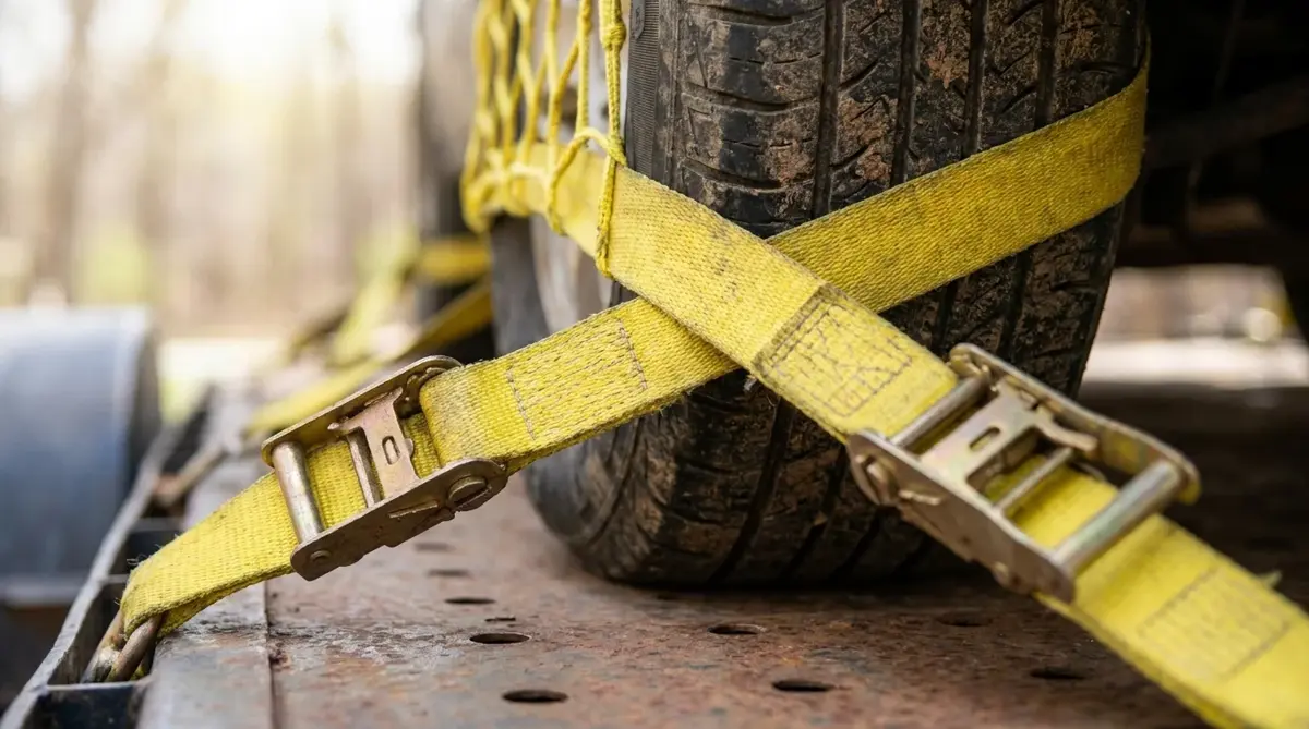 Close-up of yellow ratchet straps securing a vehicle tire