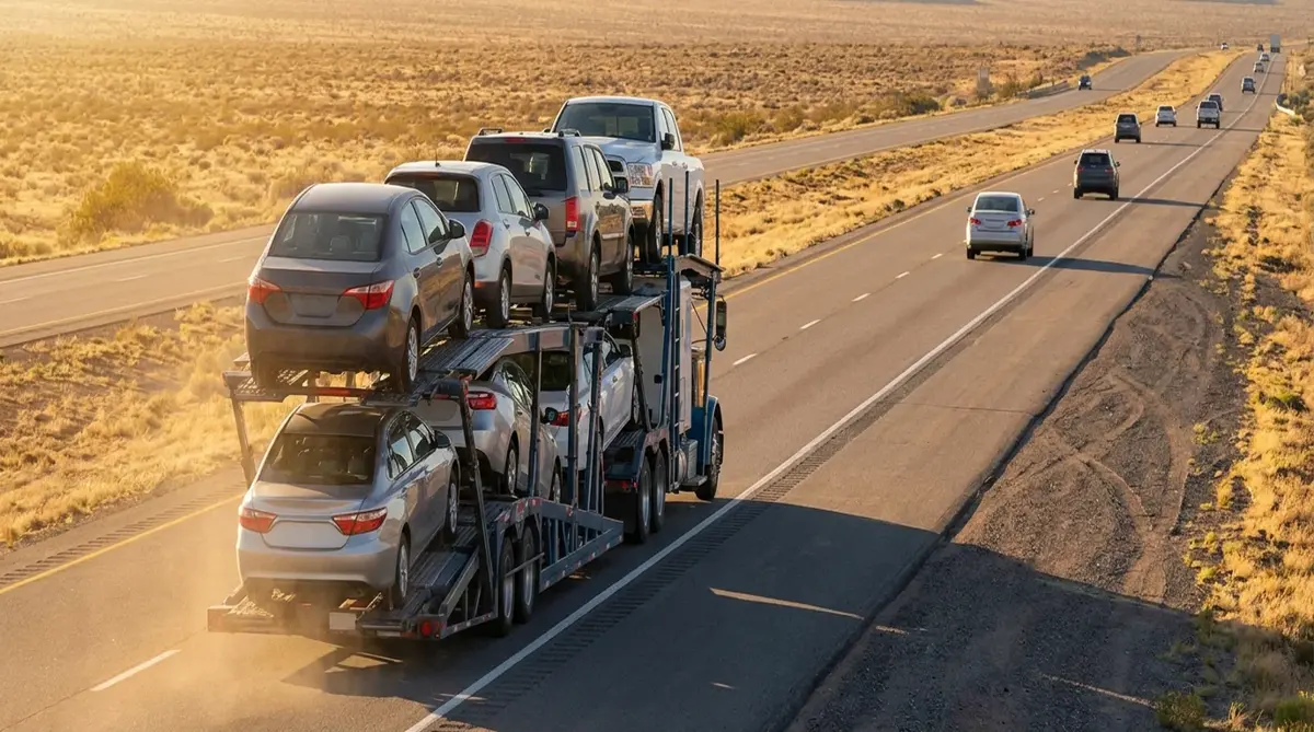 Open car carrier on a desert highway