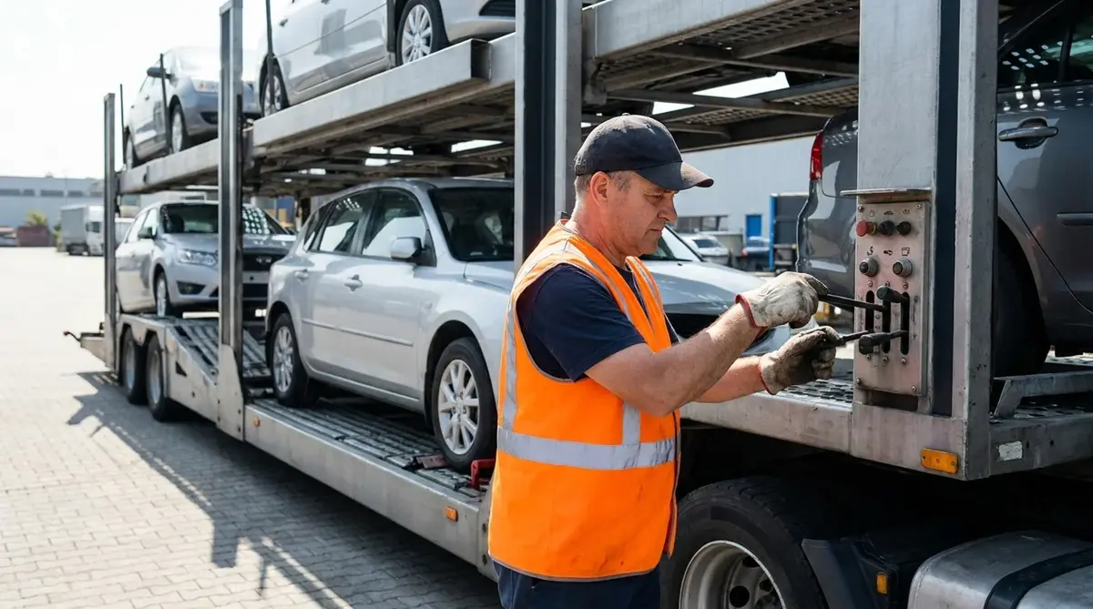 Driver operating hydraulic controls on a car carrier