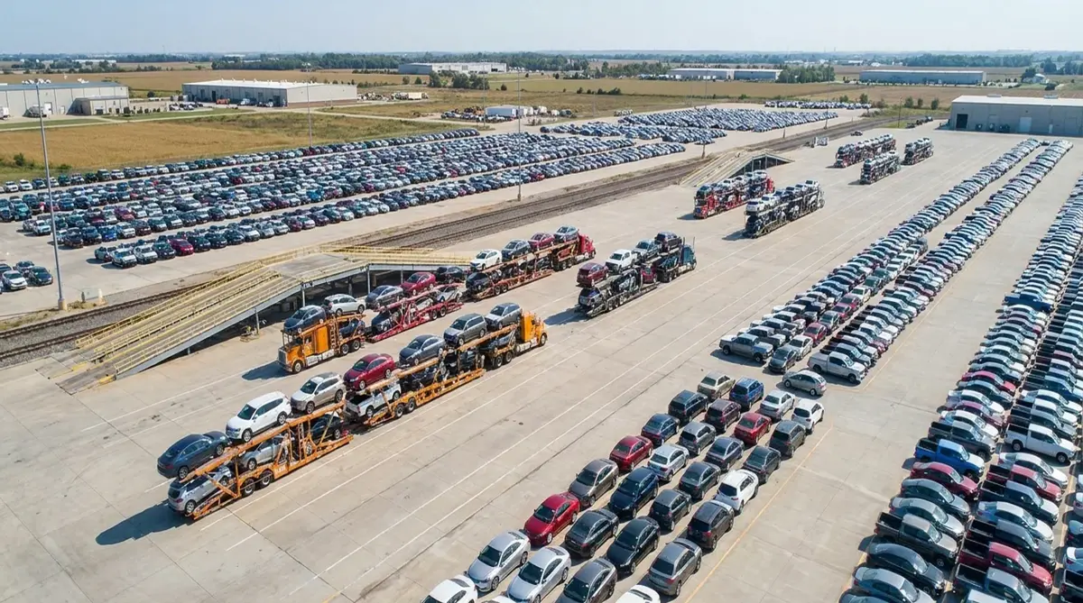 Car carriers loading at a vehicle distribution yard
