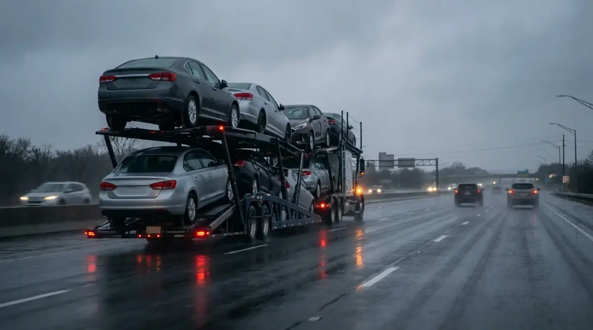 Open car carrier driving in light rain on a highway