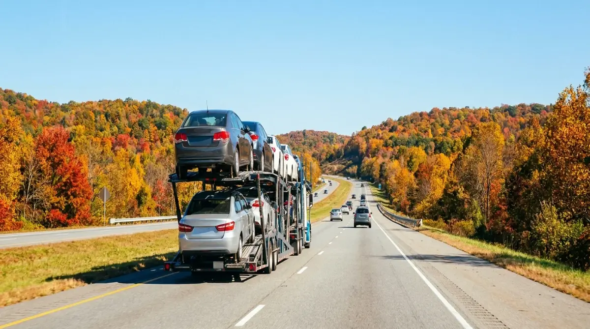 Car carrier on a forest-lined highway in autumn