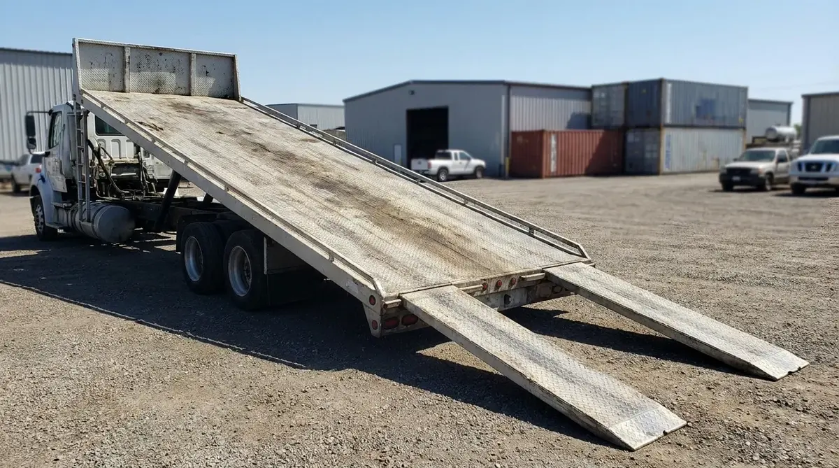Top deck of an open carrier tilted for loading