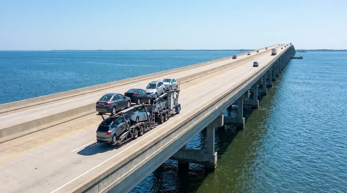 Loaded car carrier crossing a long bridge