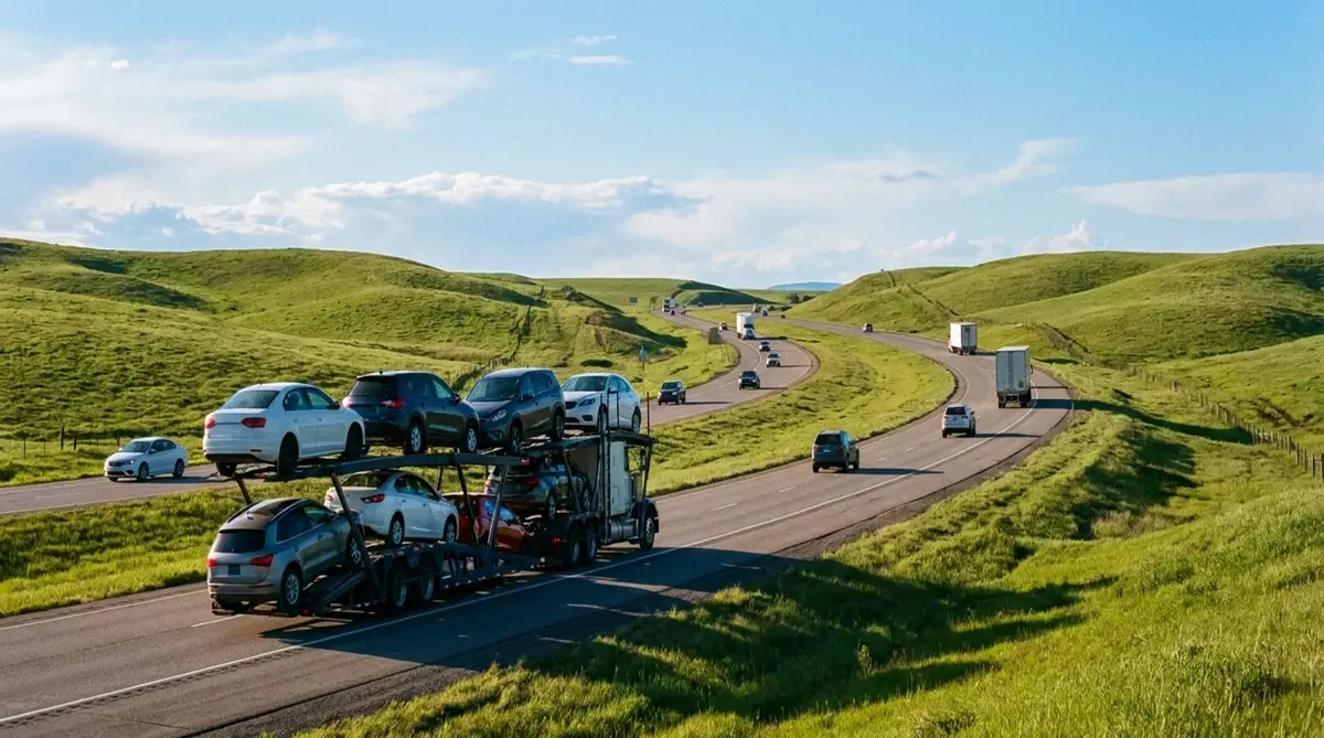 Car carrier on a highway through rolling green hills