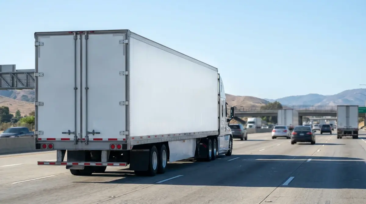 Enclosed car carrier driving on a clear highway