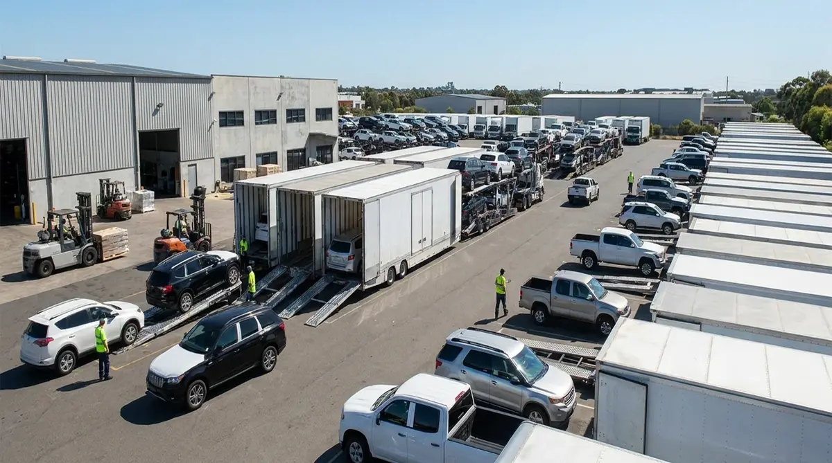 Busy auto-transport depot with multiple carriers