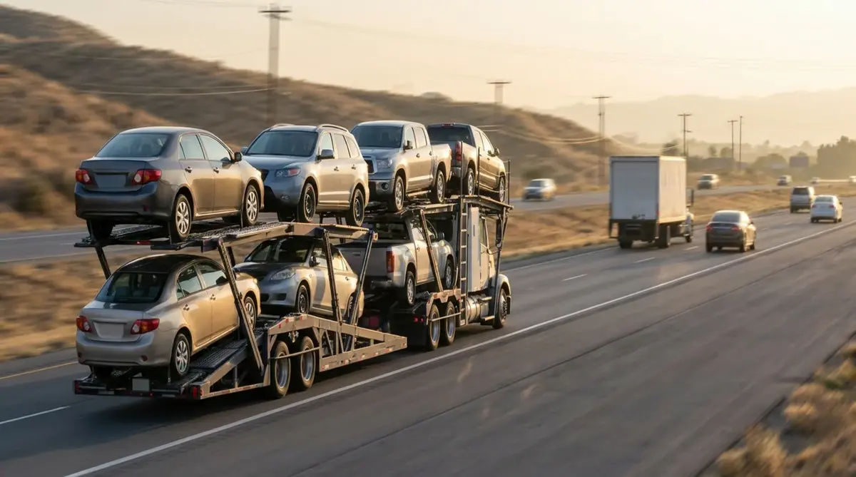 Open car carrier on a highway at dawn