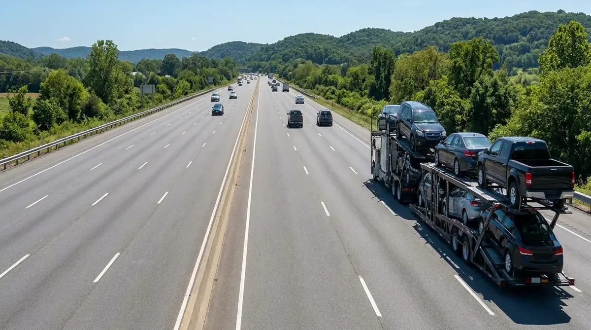 Fully loaded open car carrier on a six-lane highway