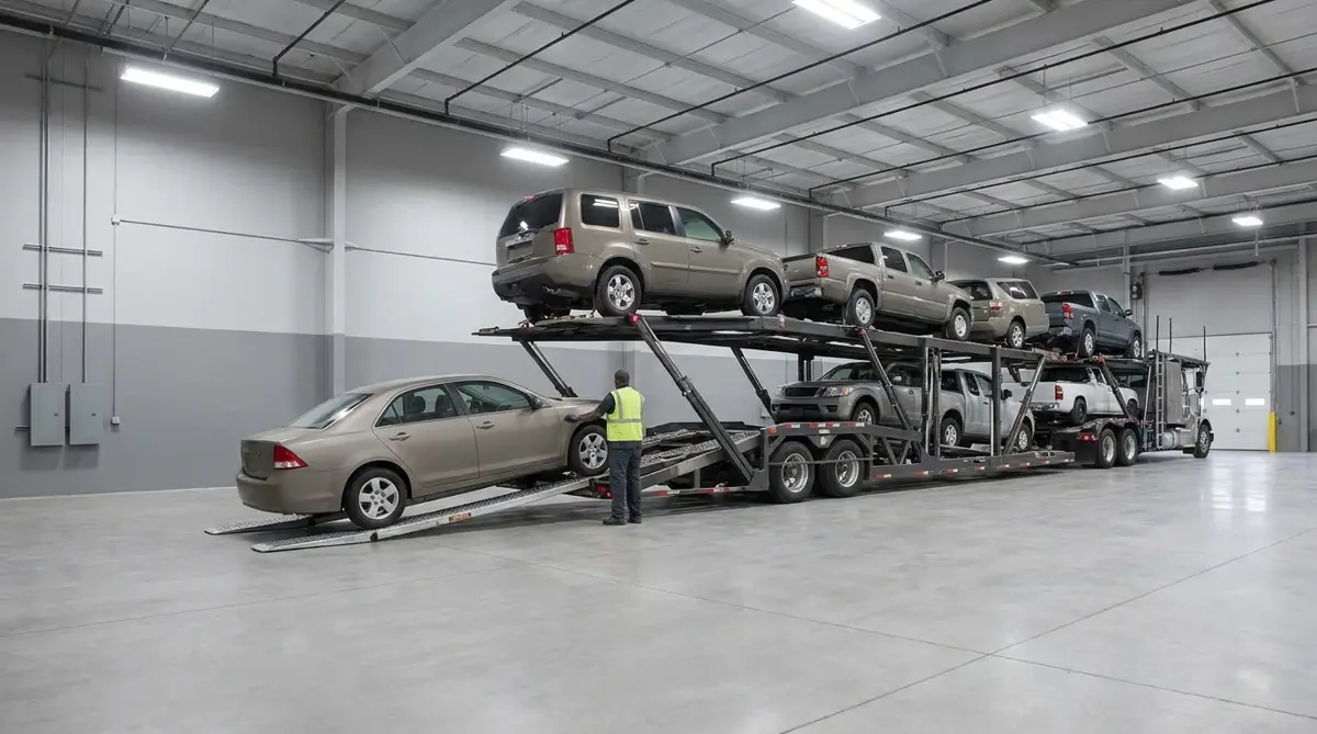 Car carrier being loaded at a covered depot bay