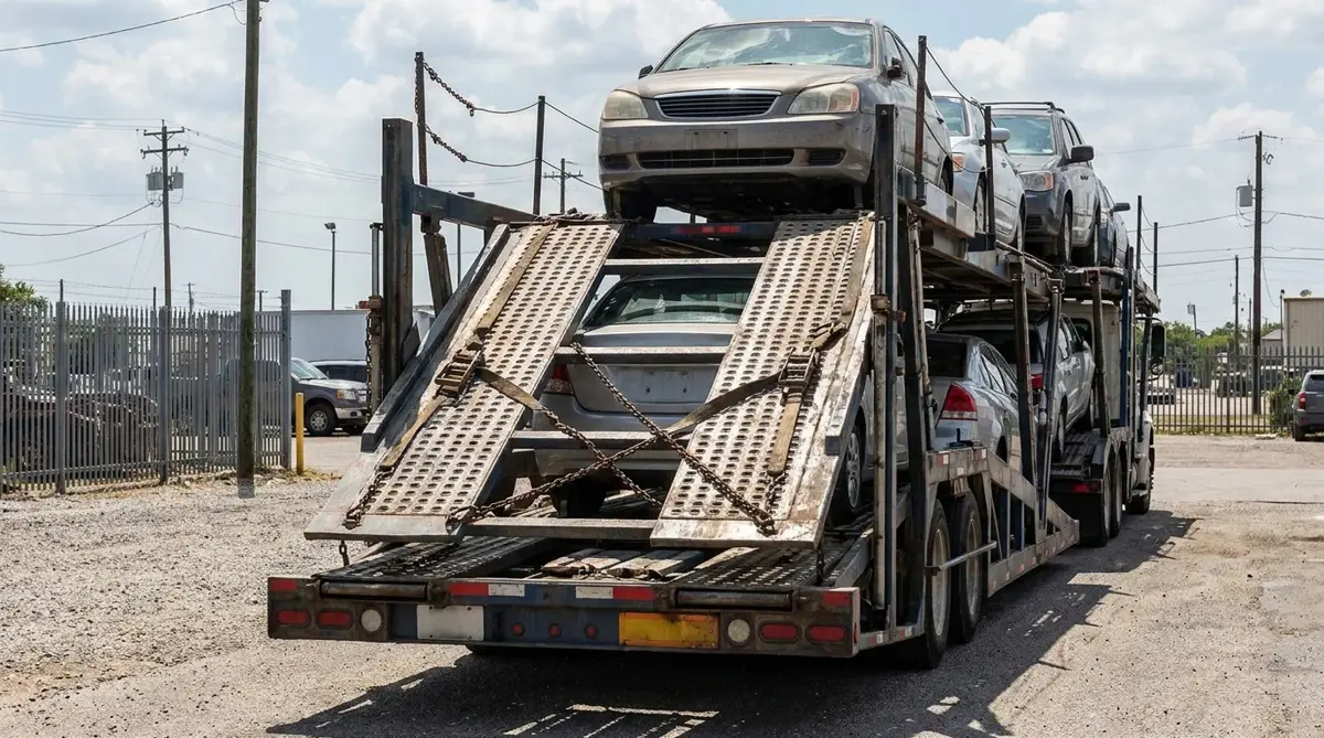 Rear view of a loaded open carrier with ramp up