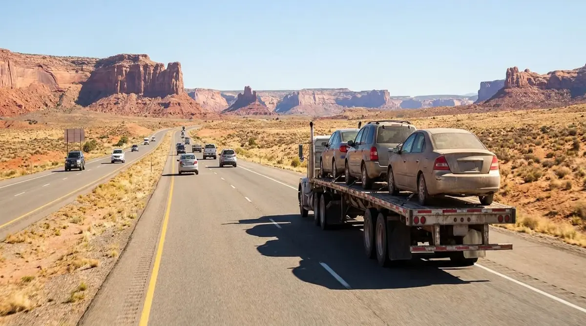 Car carrier driving along a high desert highway at midday