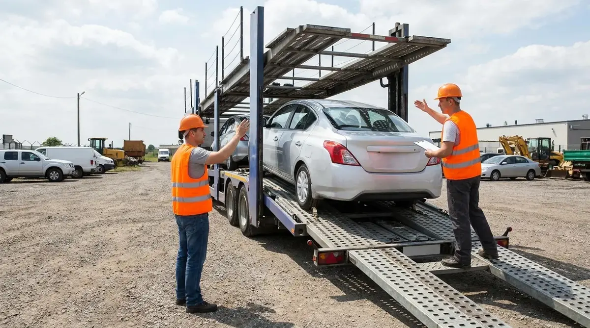 Two workers coordinating vehicle loading on a carrier