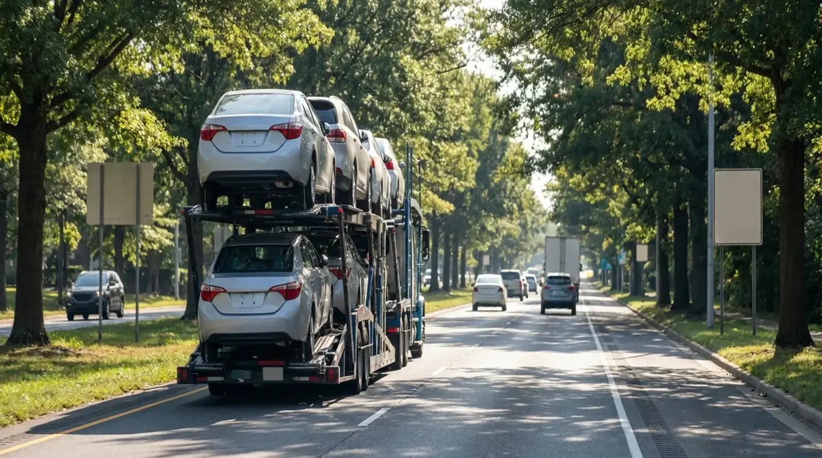 Open car carrier on a tree-lined suburban highway