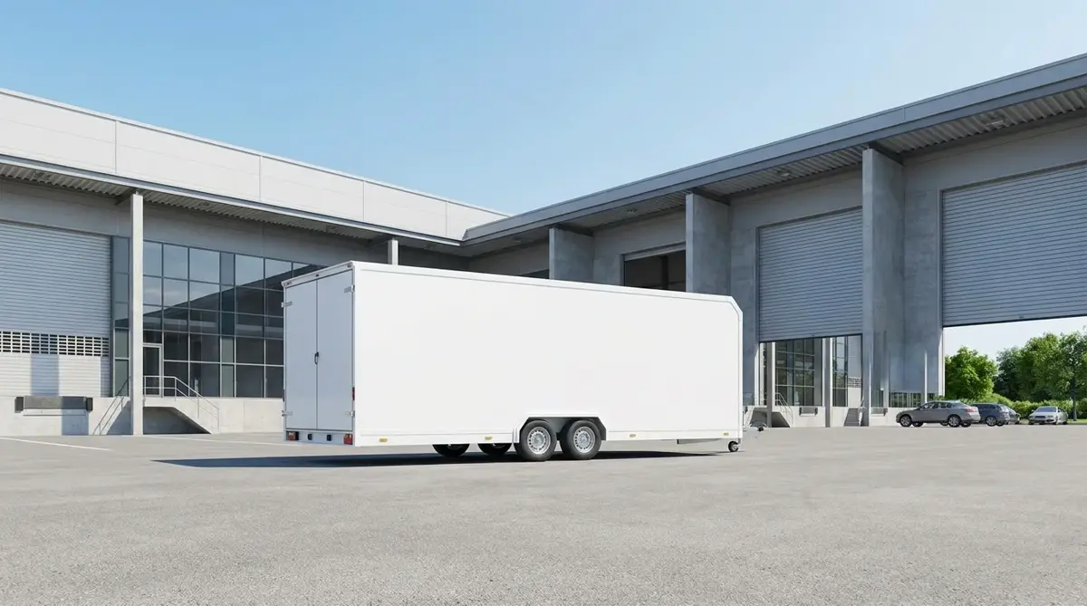 Enclosed car carrier parked outside a modern warehouse
