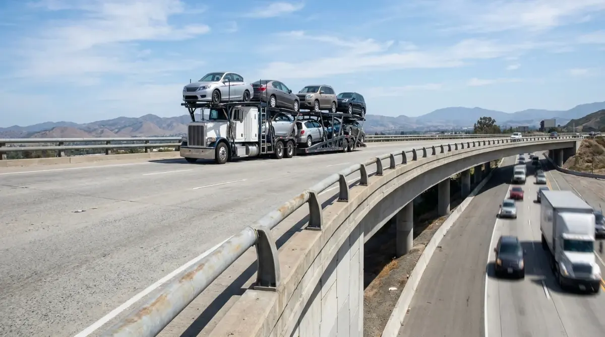 Open car carrier on an overpass with traffic below