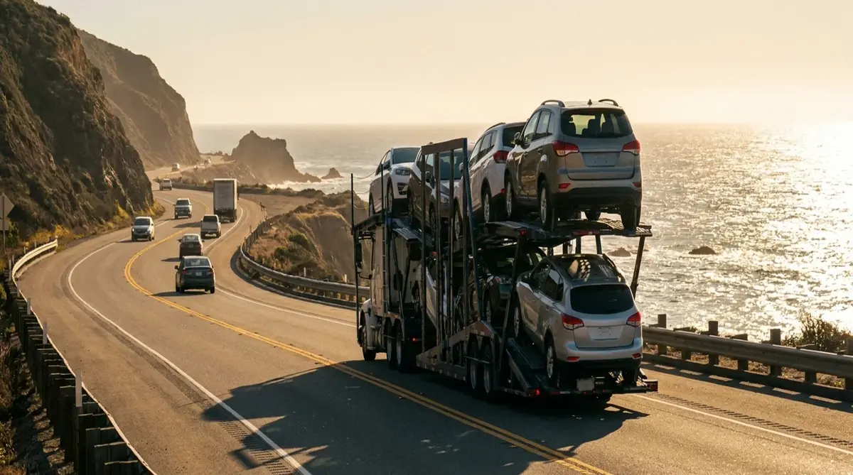Car carrier on a coastal highway at golden hour
