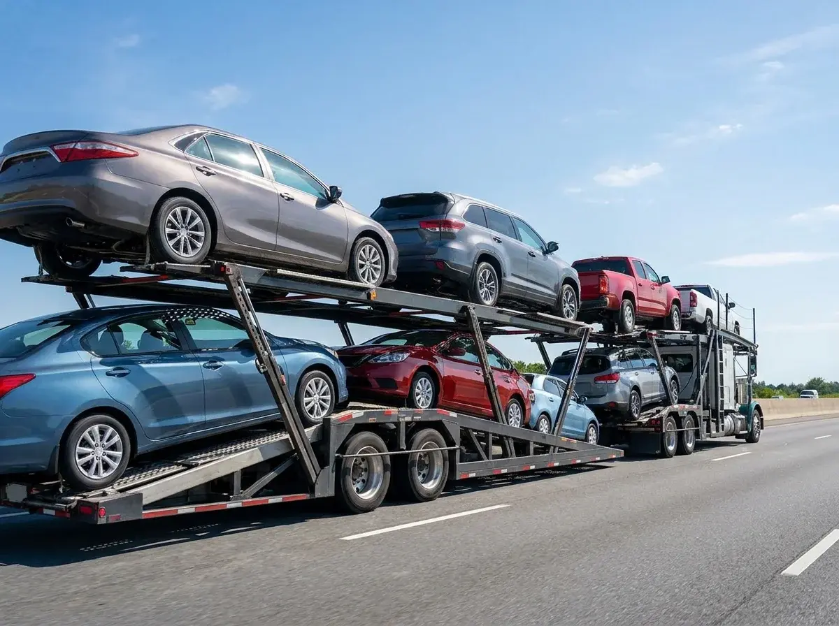 Open auto transport carrier loaded with vehicles for cross-country car shipping