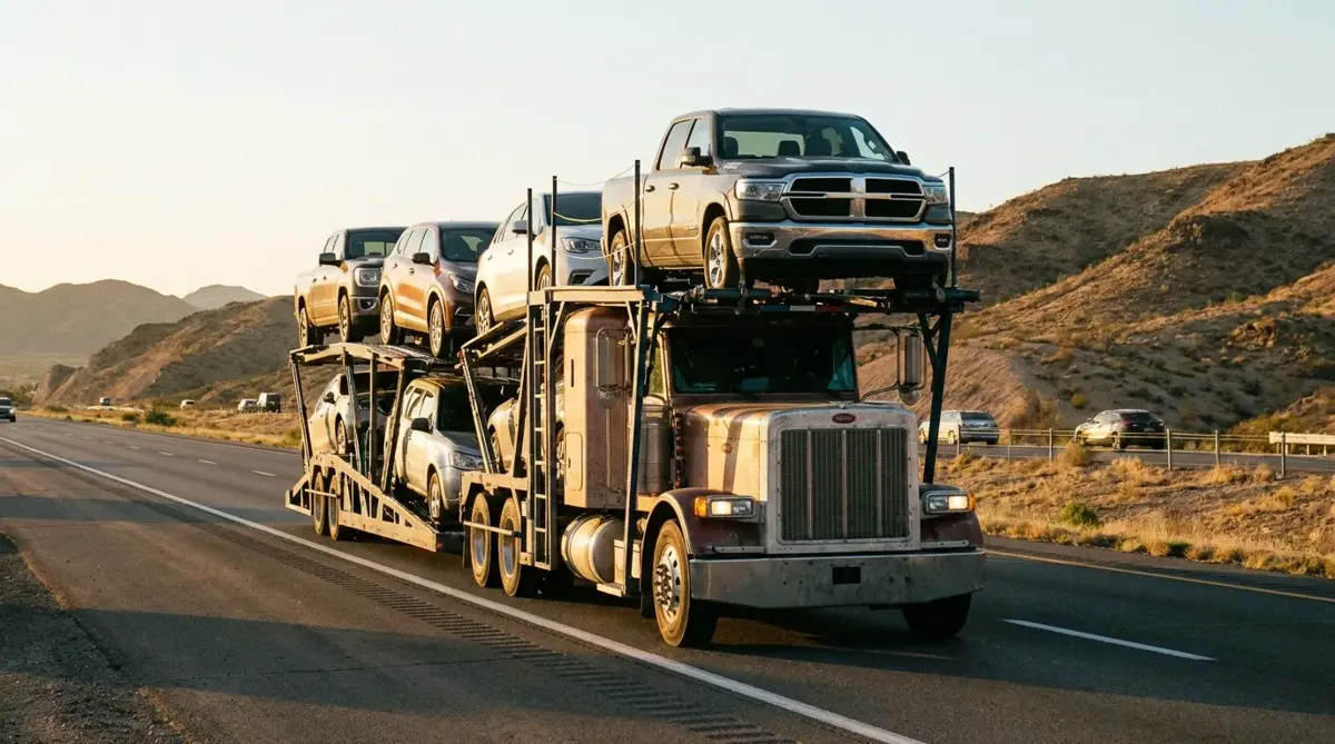 A loaded open car carrier on an interstate through desert hills