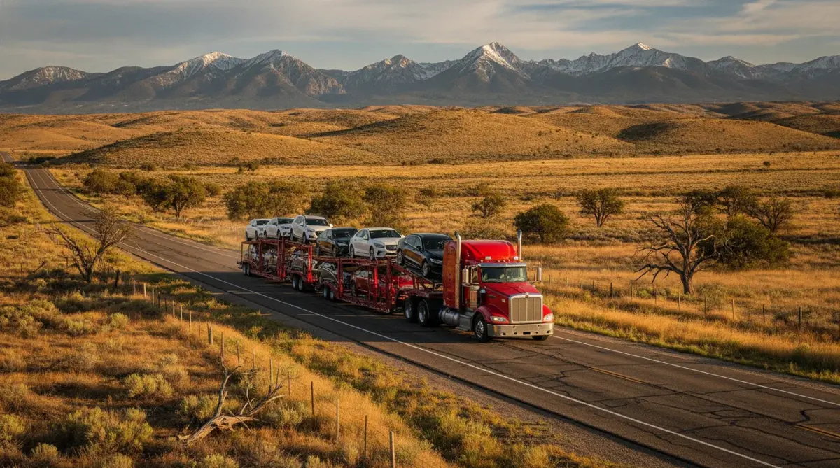 A loaded car carrier on a two-lane road through western ranch country