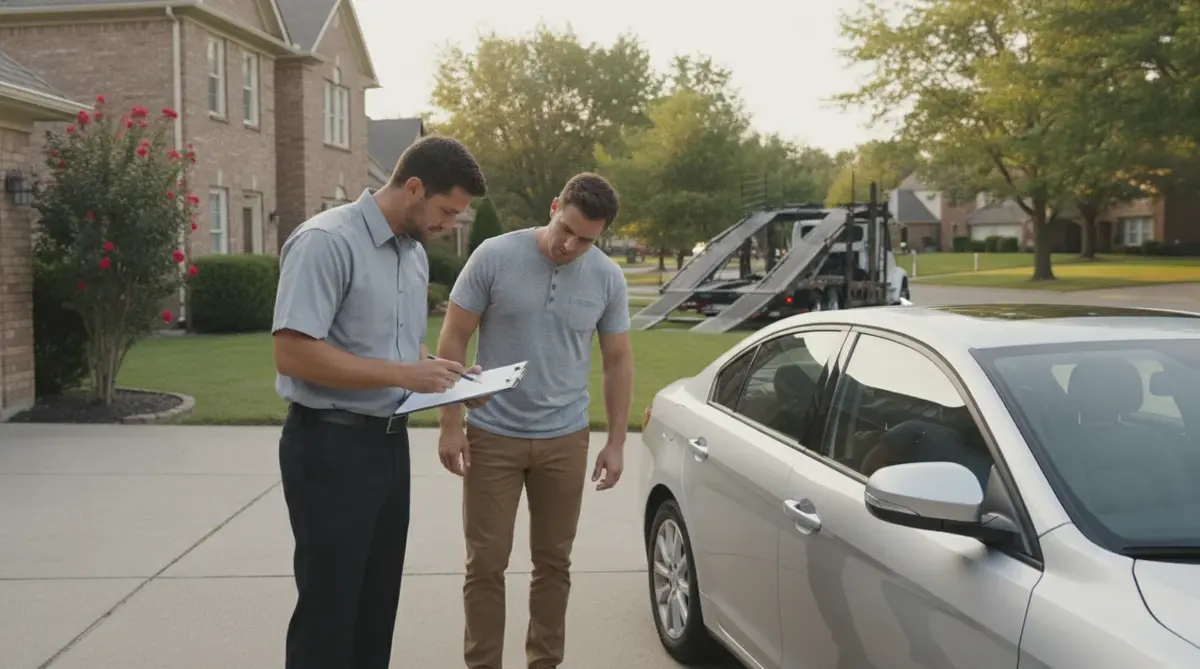 A transport driver and a car owner reviewing the inspection sheet beside the car