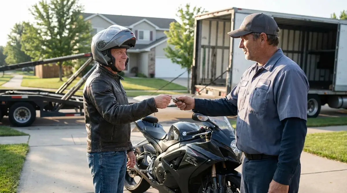 A rider handing a motorcycle key to the transport driver in a driveway