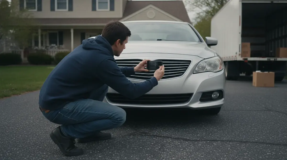 A car owner photographing the front bumper before shipping