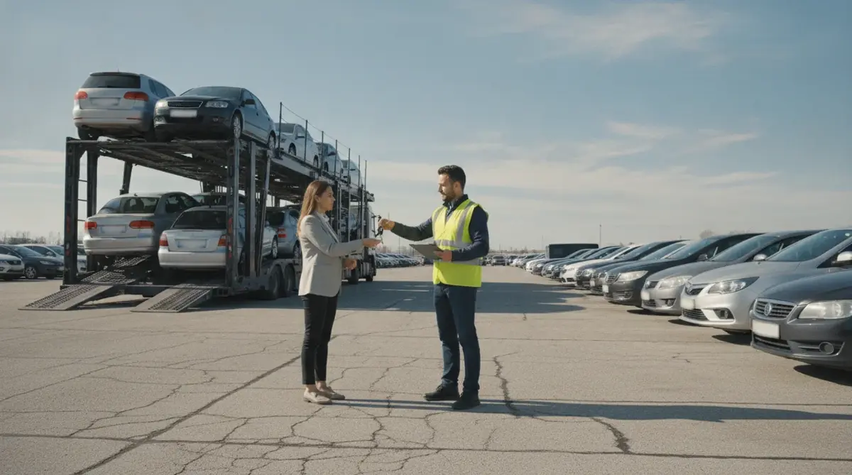 Customer handing car keys to a driver at a vehicle terminal lot