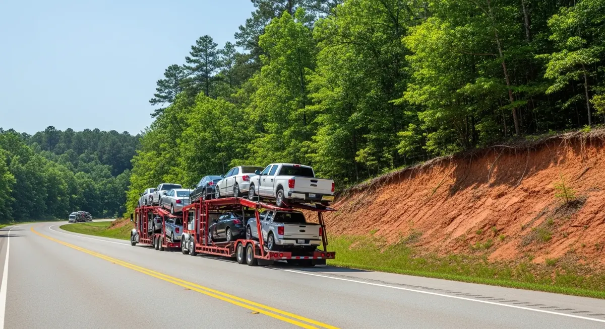 Auto transport car carrier truck driving through Alabama landscape