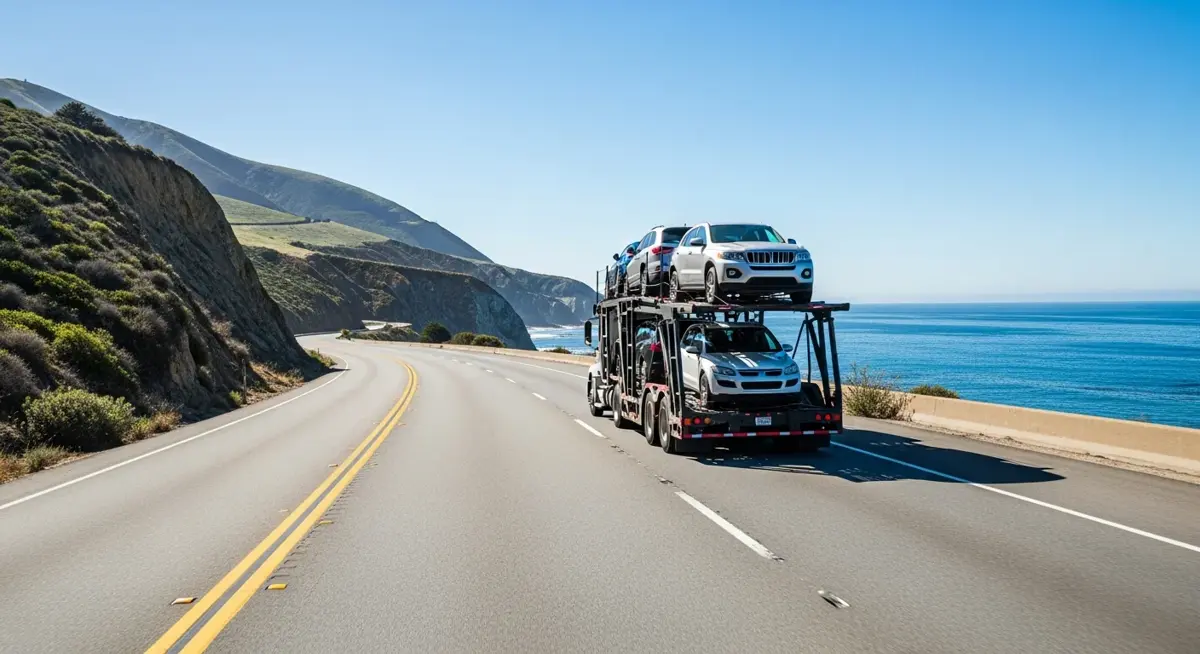 Auto transport car carrier truck driving through California landscape