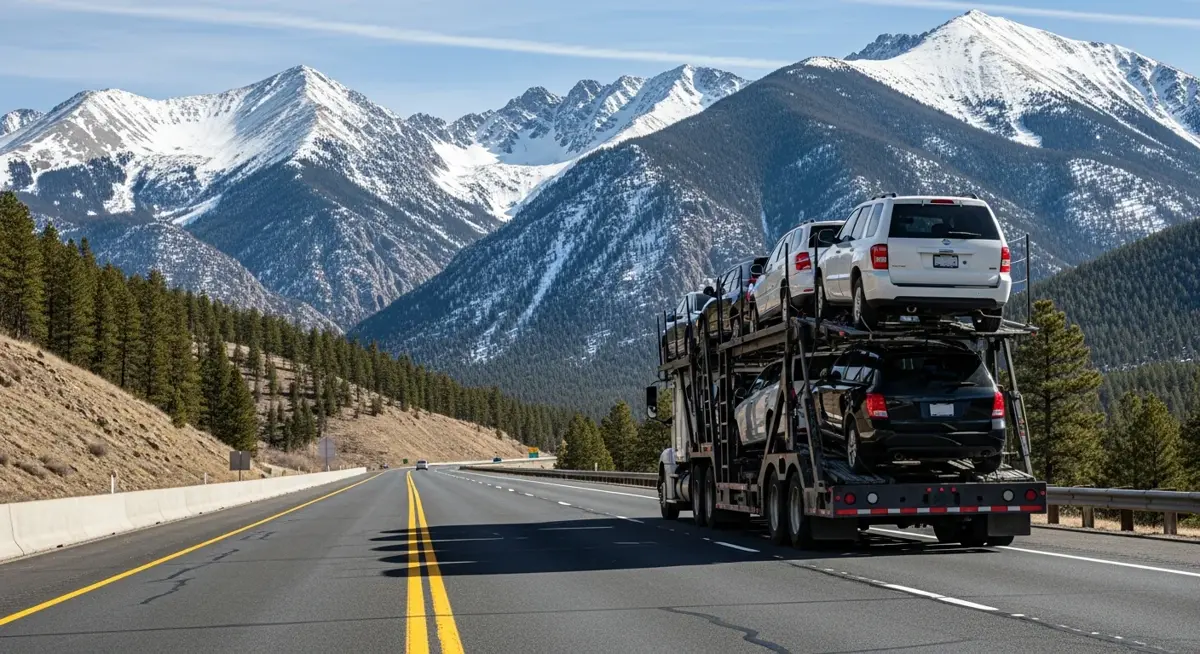 Auto transport car carrier truck driving through Colorado landscape