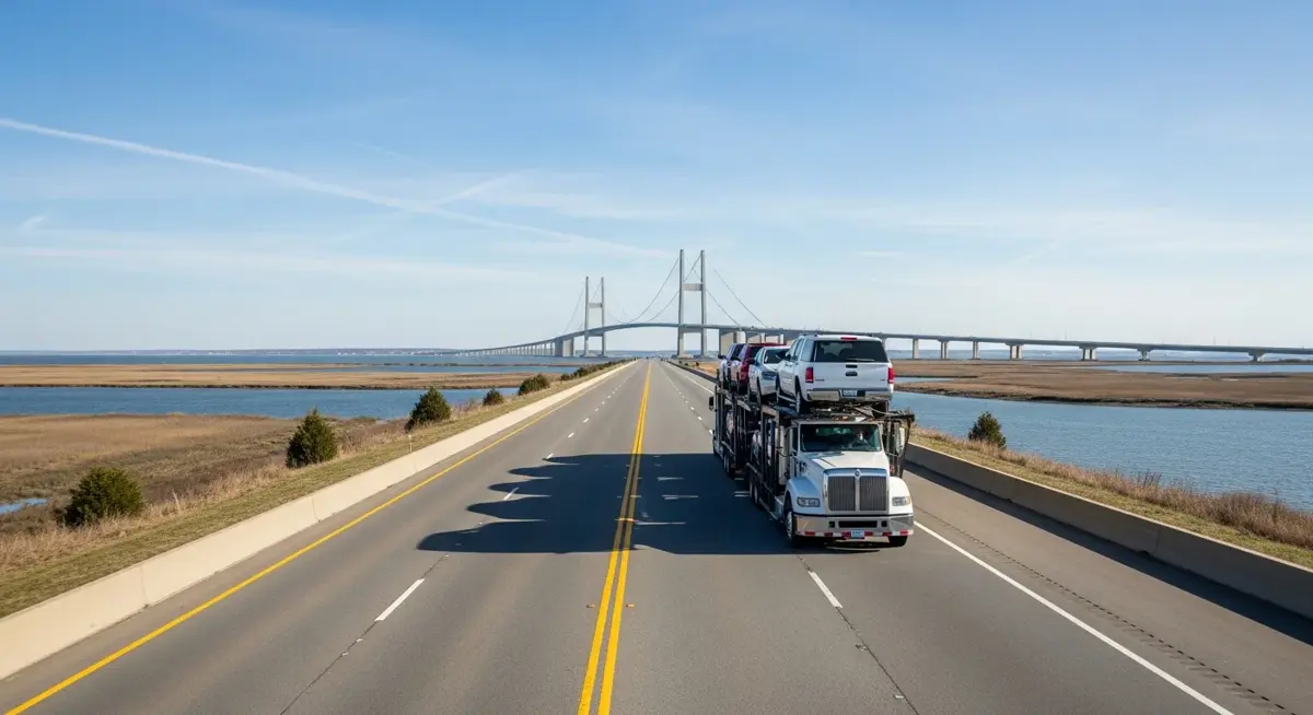 Auto transport car carrier truck driving through Delaware landscape