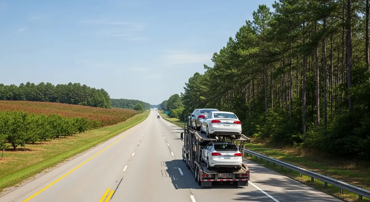 Auto transport car carrier truck driving through Georgia landscape