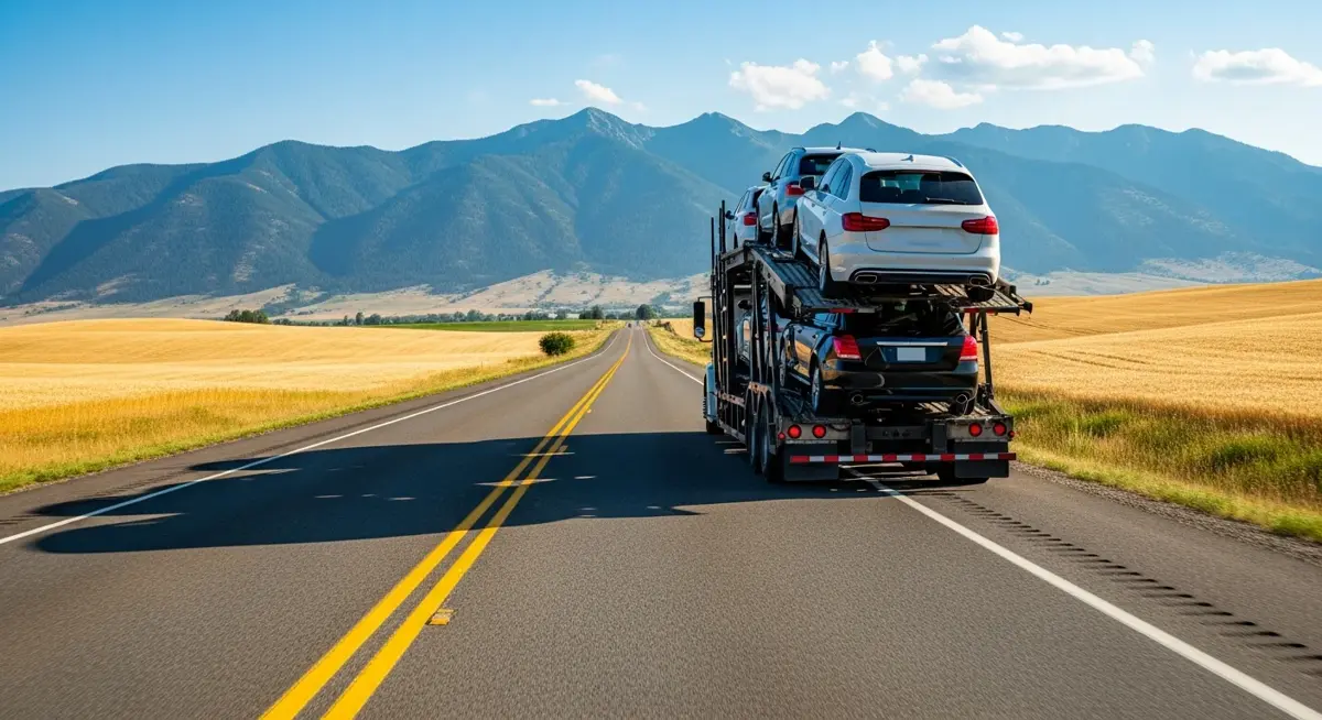 Auto transport car carrier truck driving through Idaho landscape