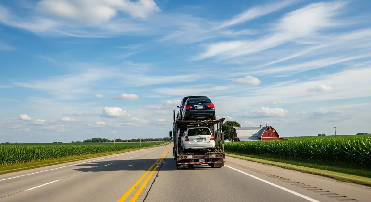 Auto transport car carrier truck driving through Indiana landscape