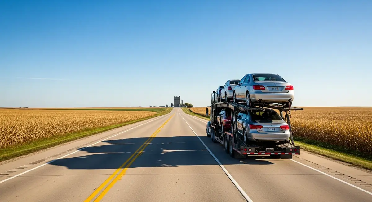 Auto transport car carrier truck driving through Iowa landscape