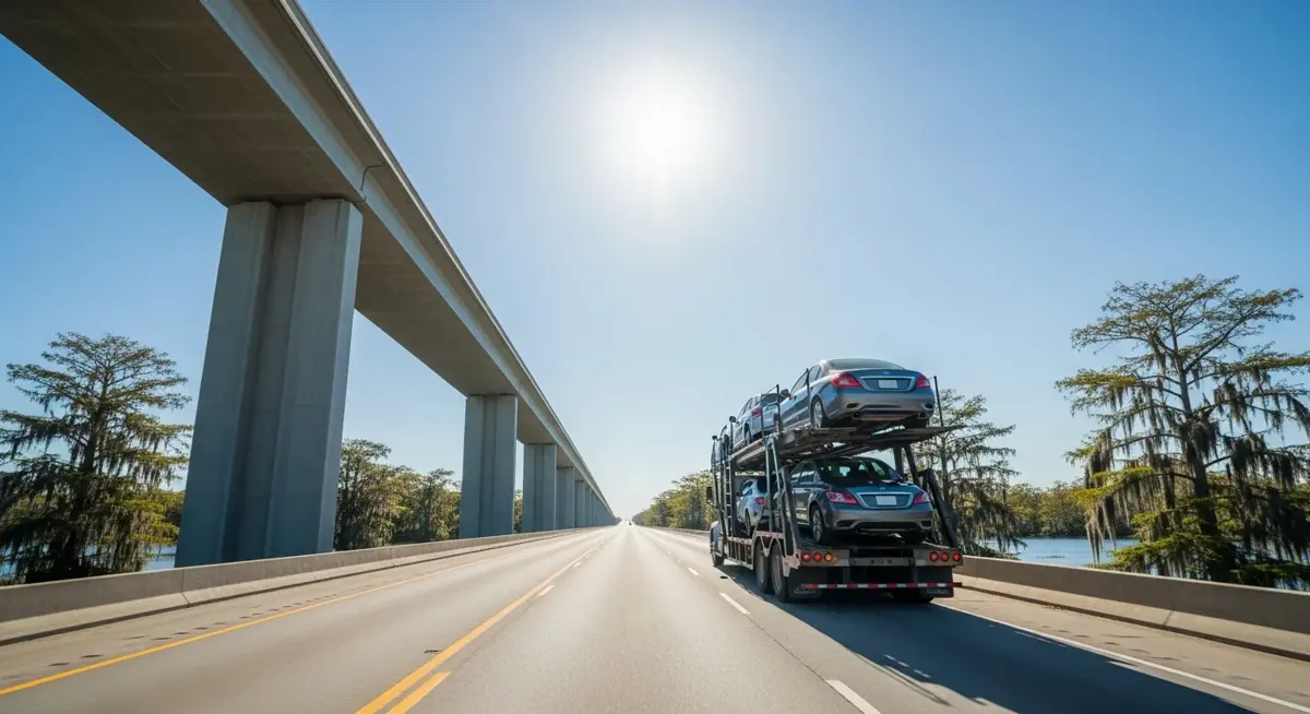 Auto transport car carrier truck driving through Louisiana landscape