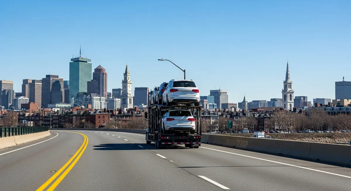 Auto transport car carrier truck driving through Massachusetts landscape