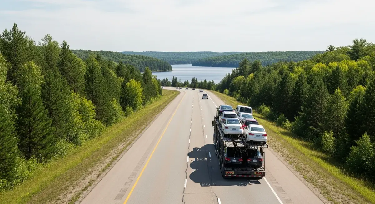 Auto transport car carrier truck driving through Minnesota landscape