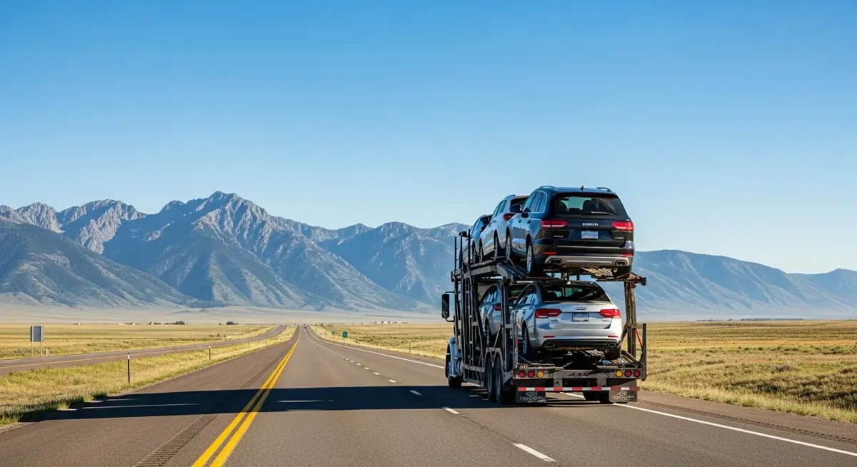 Auto transport car carrier truck driving through Montana landscape
