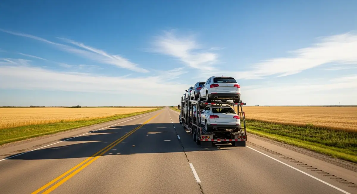 Auto transport car carrier truck driving through Nebraska landscape