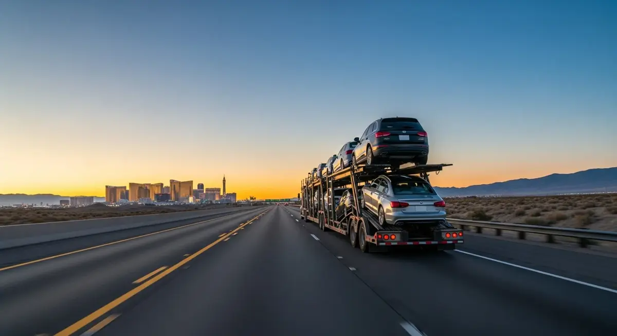 Auto transport car carrier truck driving through Nevada landscape