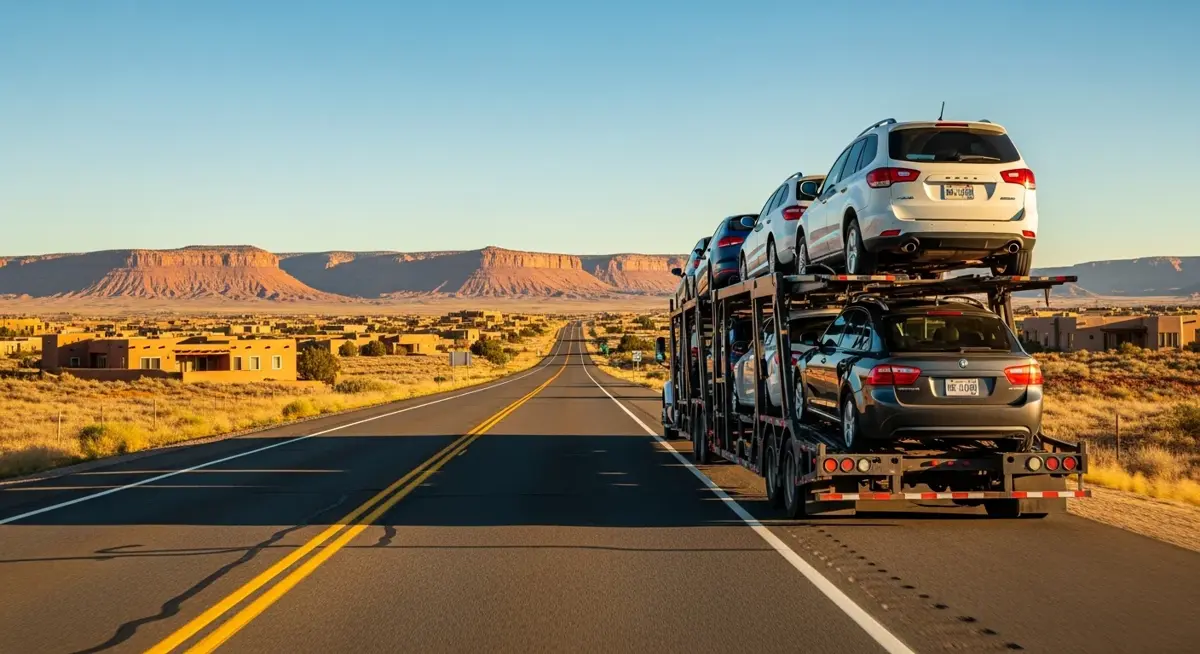 Auto transport car carrier truck driving through New Mexico landscape