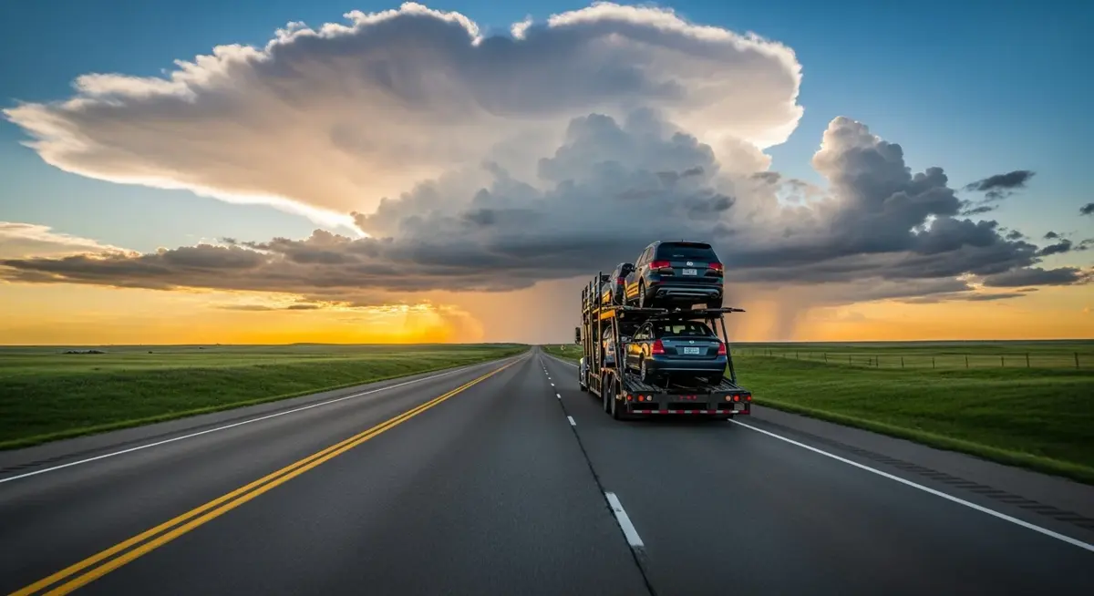 Auto transport car carrier truck driving through North Dakota landscape