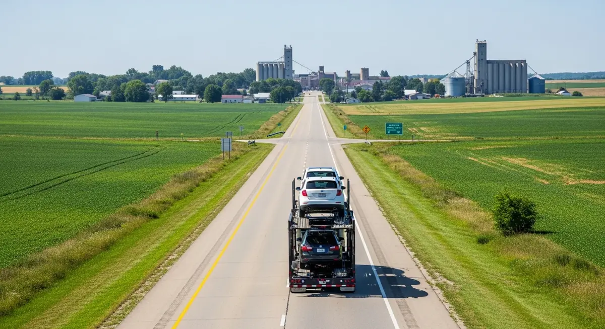 Auto transport car carrier truck driving through Ohio landscape