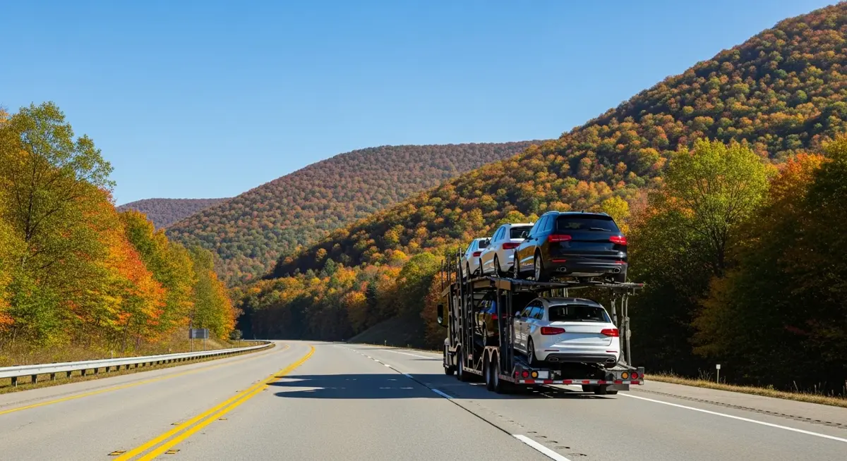 Auto transport car carrier truck driving through Pennsylvania landscape